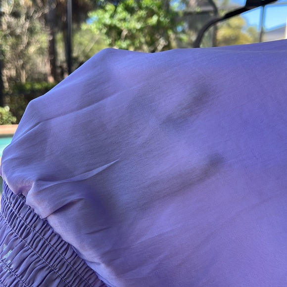 1. STATE  Smocked Waist V-Neck Short Puff Sleeve satin Blouse top lavender - Picture 15 of 17